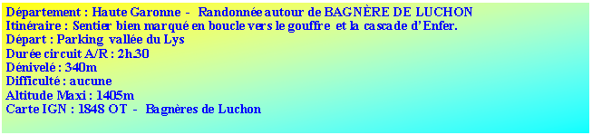 Zone de Texte: D�partement : Haute Garonne  -  Randonn�e autour de BAGN&Egrave;RE DE LUCHONItin�raire : Sentier bien marqu� en boucle vers le gouffre  et la cascade d�Enfer.D�part : Parking  vall�e du LysDur�e circuit A/R : 2h.30D�nivel� : 340mDifficult� : aucuneAltitude Maxi : 1405mCarte IGN : 1848 OT  -  Bagn&egrave;res de Luchon