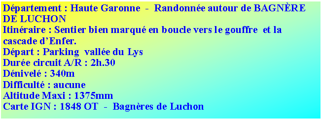 Zone de Texte: D�partement : Haute Garonne  -  Randonn�e autour de BAGN&Egrave;RE DE LUCHONItin�raire : Sentier bien marqu� en boucle vers le gouffre  et la cascade d�Enfer.D�part : Parking  vall�e du LysDur�e circuit A/R : 2h.30D�nivel� : 340mDifficult� : aucuneAltitude Maxi : 1375mmCarte IGN : 1848 OT  -  Bagn&egrave;res de Luchon