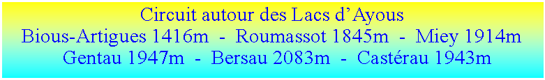 Zone de Texte: Circuit autour des Lacs dAyous Bious-Artigues 1416m  -  Roumassot 1845m  -  Miey 1914m  Gentau 1947m  -  Bersau 2083m  -  Castrau 1943m